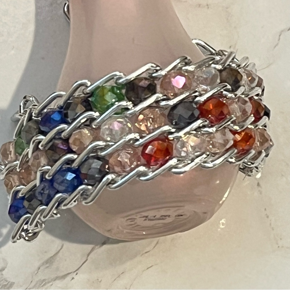 Multi-Gemstone Chain Link Mesh Bracelet - Colorful Faceted Beads